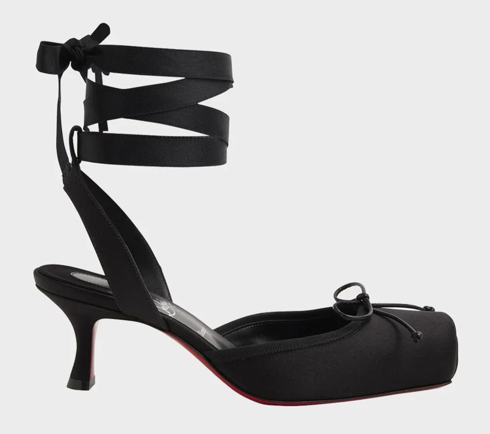 Christian Louboutin Cassia Lace Up 55 Black Tie Ballet Sandal Low Heel Pump 36.5